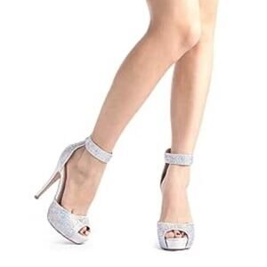 DREAM PAIRS Fits 6 Rhinestone Silver Wedding Heels Ankle Strap Party Peep Toe